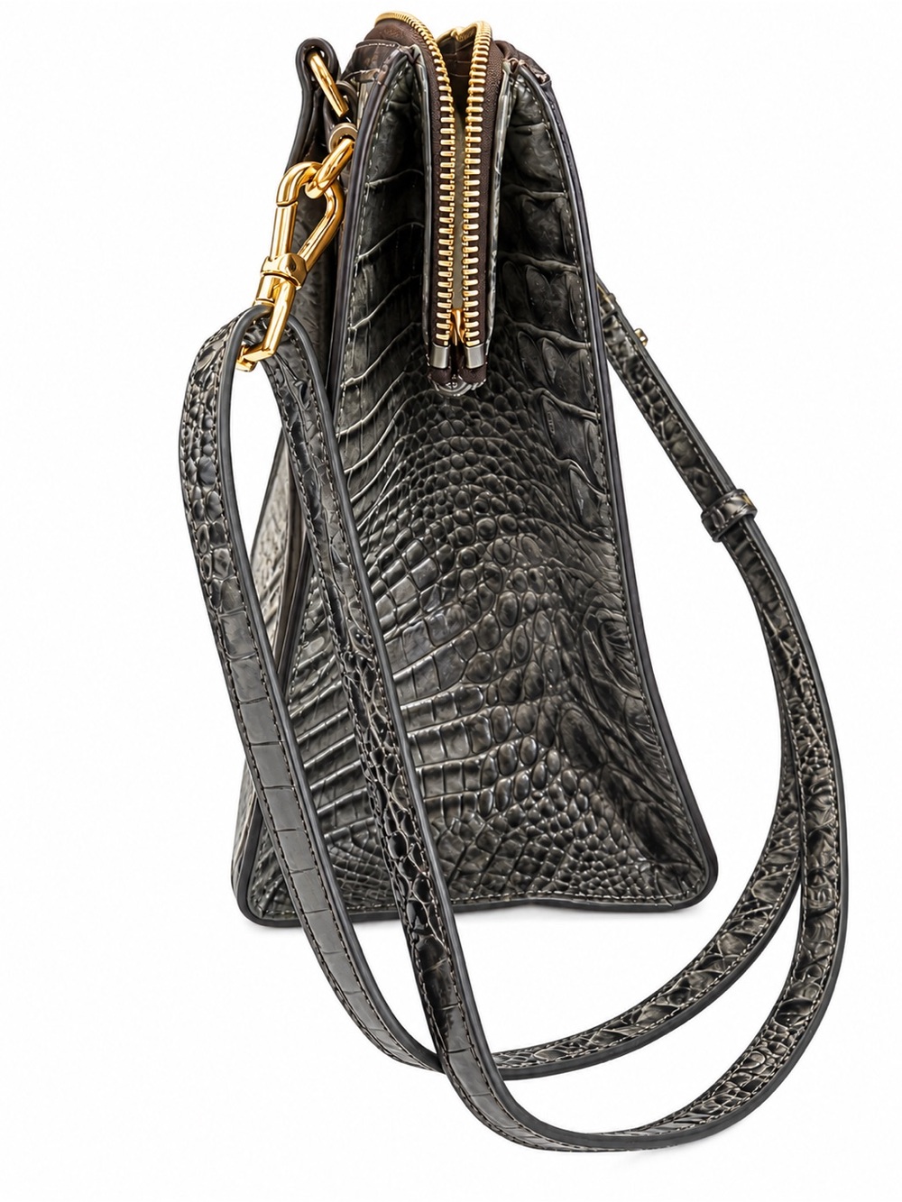 Brahmin Caroline Silver Taupe, Olive & Dark Brown Croc-Embossed Satchel - Picture 3 of 9